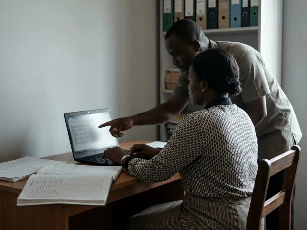 Two colleagues reviewing a business process on a laptop in a back office