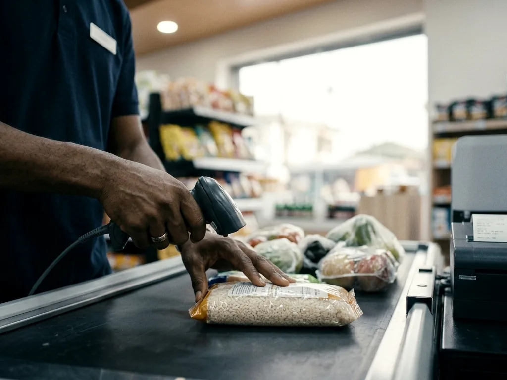 A cashier scanning a barcode at a supermarket till, with the point-of-sale terminal beside them