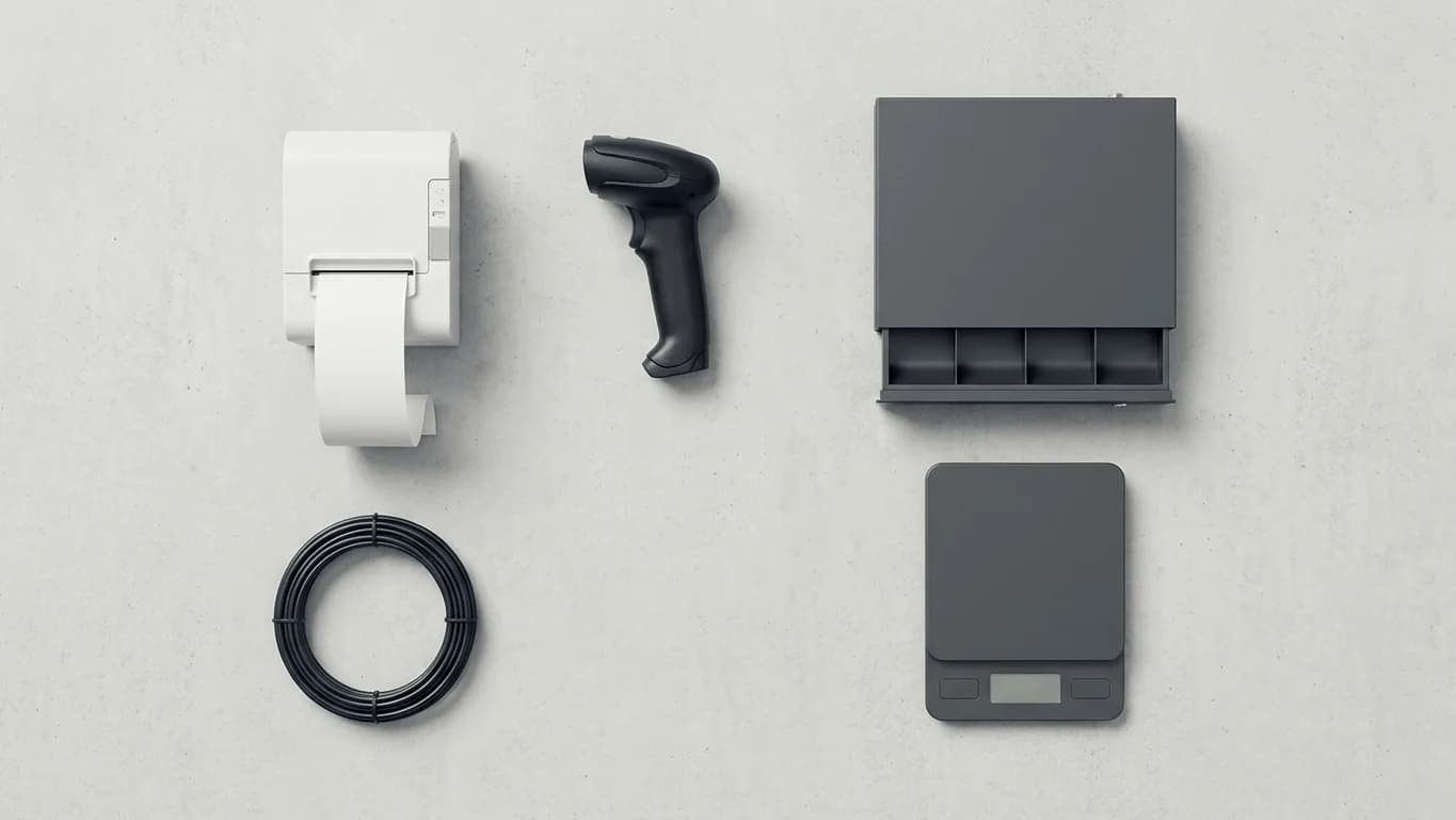 Retail point-of-sale peripherals laid out on a counter: a thermal receipt printer, handheld barcode scanner, cash drawer, weighing scale and cable